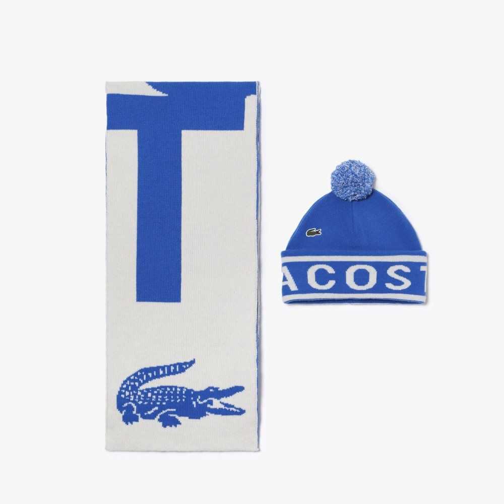 Lacoste Jacquard Knit Beanie And Scarf Gift Set Sininen Valkoinen | LWQ-857629