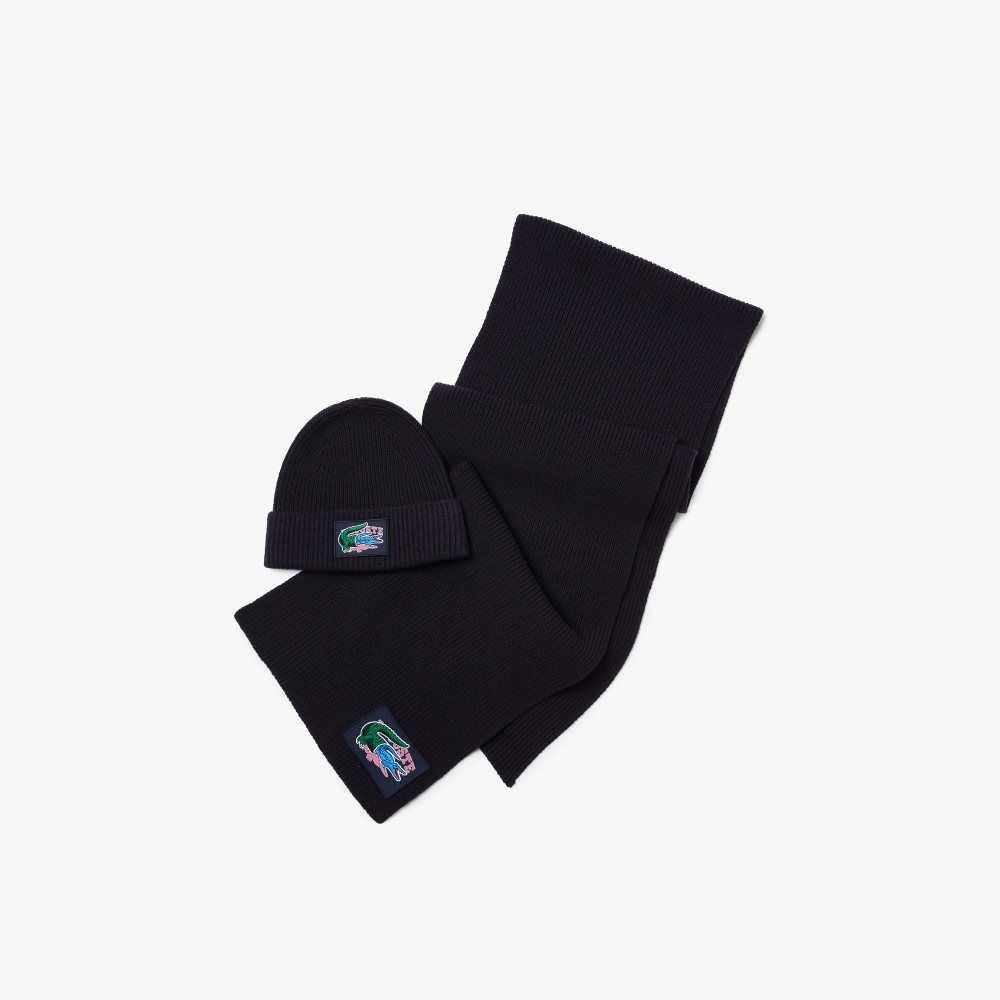 Lacoste Ribbed Villa Beanie And Scarf Gift Set Laivastonsininen Sininen | GZO-981370