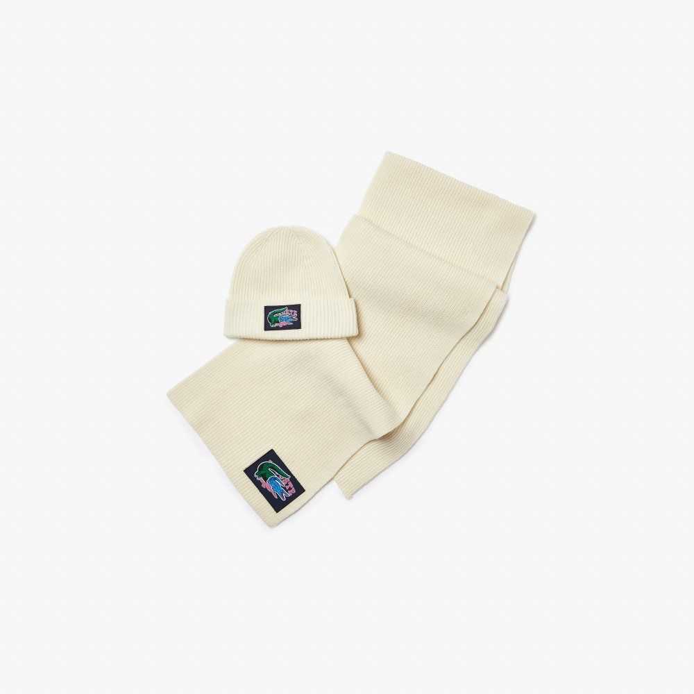 Lacoste Ribbed Villa Beanie And Scarf Gift Set Valkoinen | JPK-012349