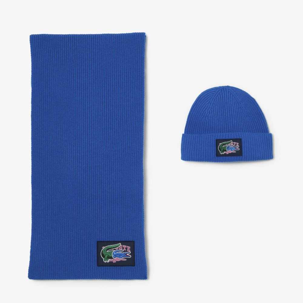 Lacoste Ribbed Villa Beanie And Scarf Gift Set Sininen | XBV-428390